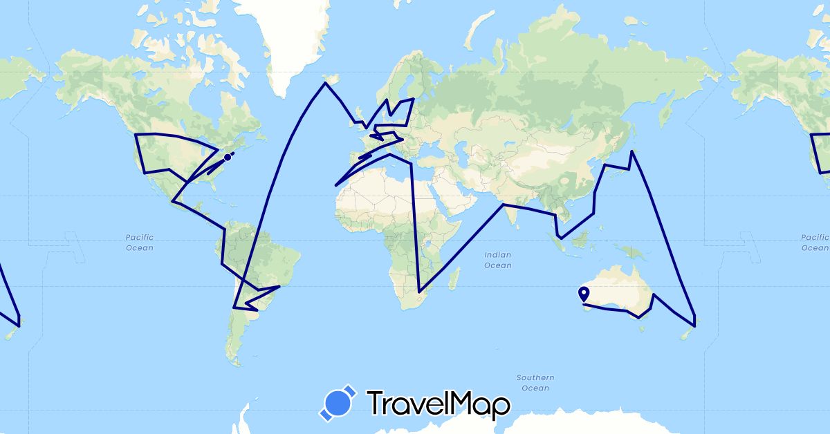 TravelMap itinerary: driving in Argentina, Austria, Australia, Belgium, Brazil, Canada, Switzerland, Chile, Colombia, Czech Republic, Germany, Denmark, Spain, Finland, France, United Kingdom, Greece, Hungary, Ireland, India, Iceland, Italy, Japan, South Korea, Luxembourg, Mexico, Malaysia, Netherlands, Norway, New Zealand, Peru, Philippines, Poland, Paraguay, Sweden, Singapore, Thailand, Taiwan, United States, South Africa (Africa, Asia, Europe, North America, Oceania, South America)